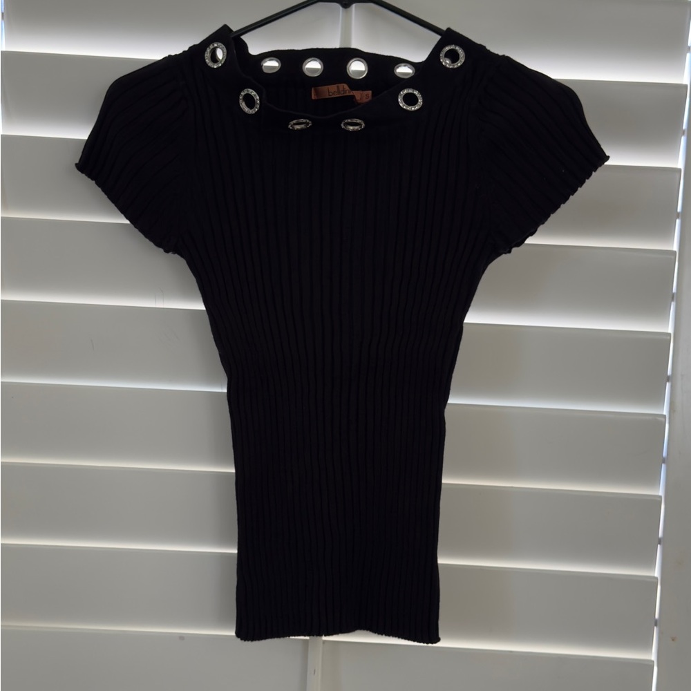 Belldini Black Ribbed Blouse with Grommet Detail